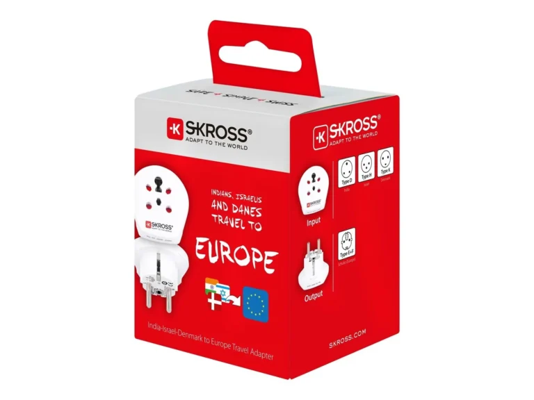 SKROSS rejseadapter til Europa til brug for rejsende fra Indien, Israel og Danmark.