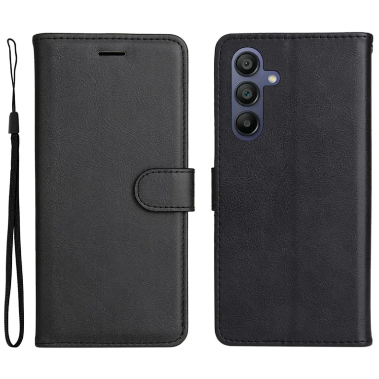 Samsung Galaxy A17 5G / A17 4G / A26 5G / A16 5G / A16 4G Case Solid Color Leather Mobile Cover Wallet Stand with Strap - Black