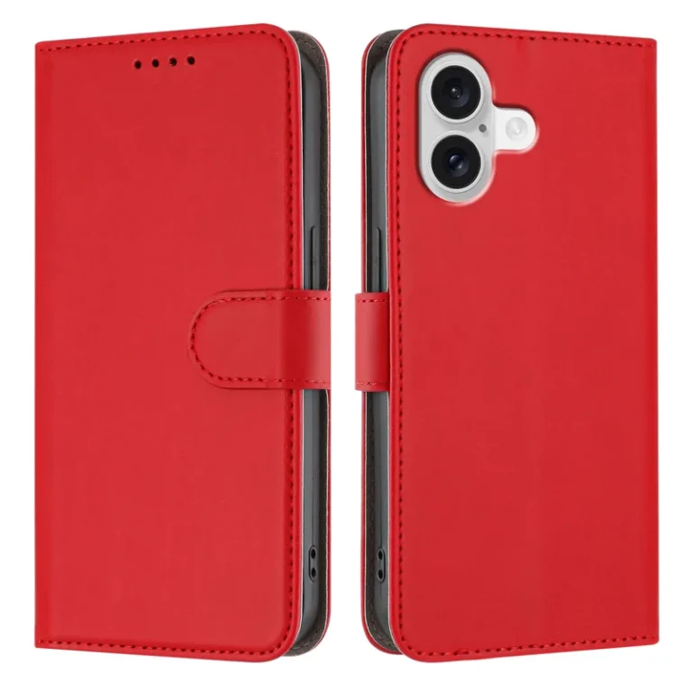 iPhone 17 Leather Case Solid Color Phone Cover with Wallet - Red