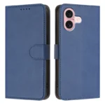iPhone 16 Leather Case Solid Color Phone Cover with Wallet - Sapphire