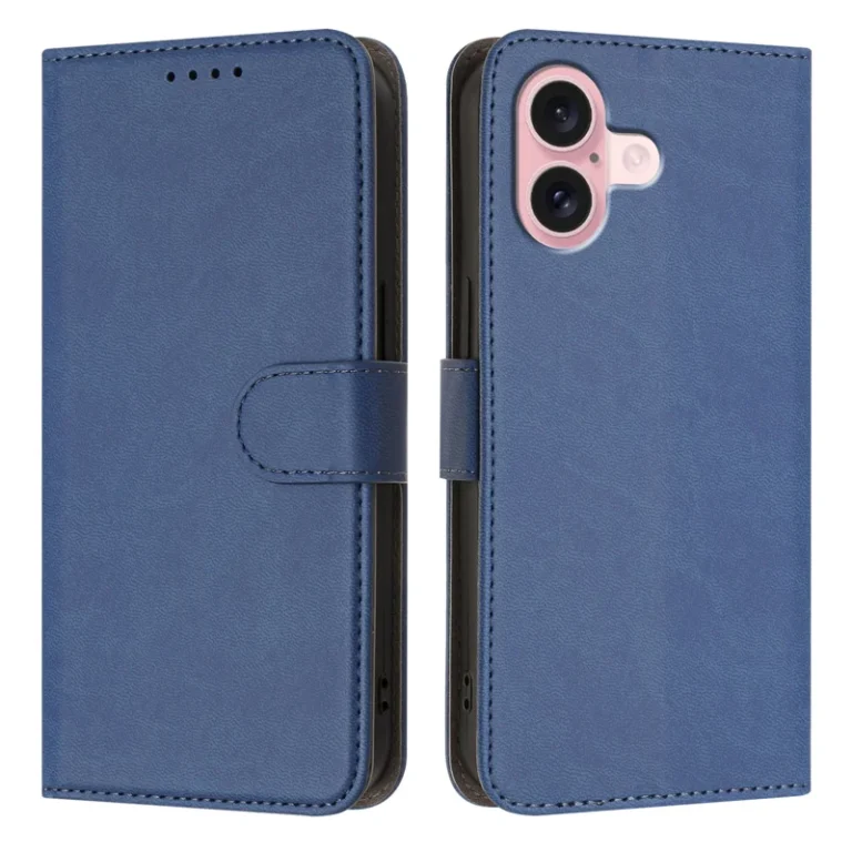 iPhone 16 Leather Case Solid Color Phone Cover with Wallet - Sapphire