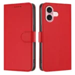 iPhone 16 Leather Case Solid Color Phone Cover with Wallet - Red