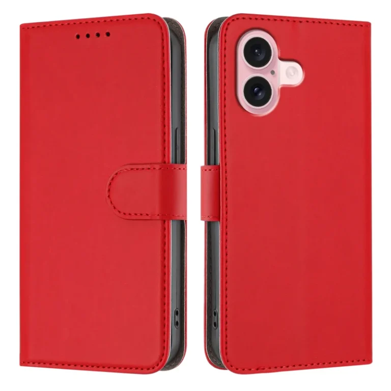 iPhone 16 Leather Case Solid Color Phone Cover with Wallet - Red