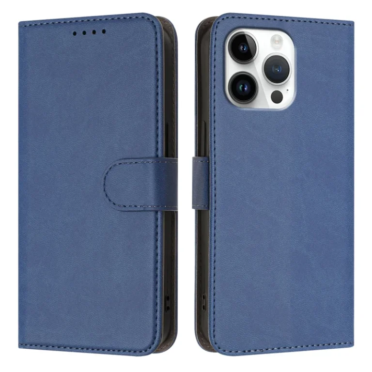 iPhone 16 Pro Leather Case Solid Color Phone Cover with Wallet - Sapphire
