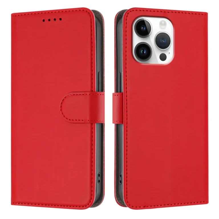 iPhone 16 Pro Leather Case Solid Color Phone Cover with Wallet - Red