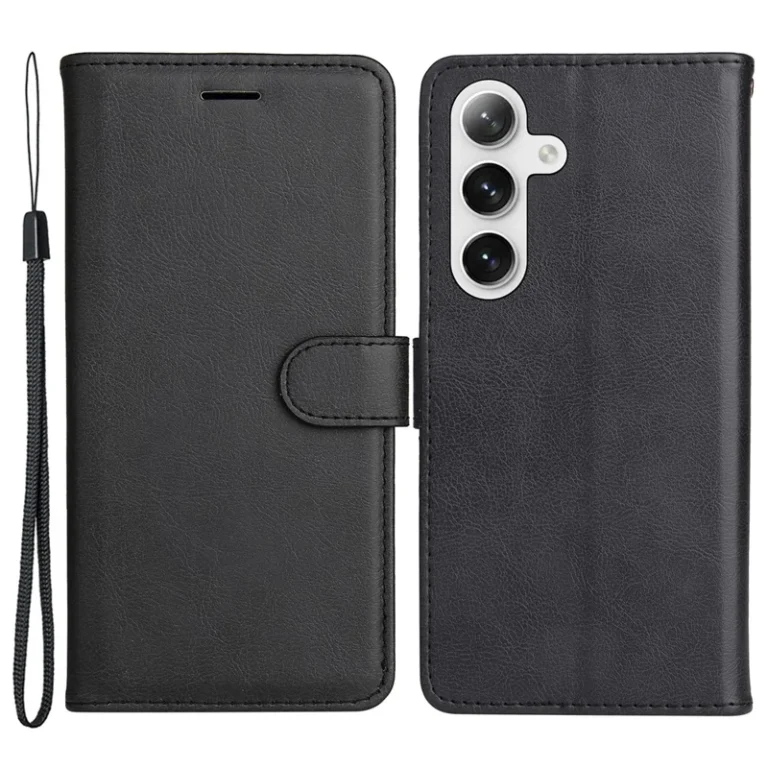 Samsung Galaxy S25 / S24 Case Solid Color Leather Mobile Cover Wallet Stand with Strap - Black
