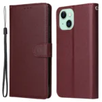 Cell Phone Case for iPhone 15 Wallet PU Leather Stand Mobile Phone Shell - Wine Red