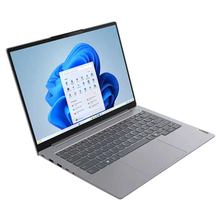 Lenovo ThinkBook 14 G7 bærbar computer i grå med Windows 11 startmenu vist på skærmen.