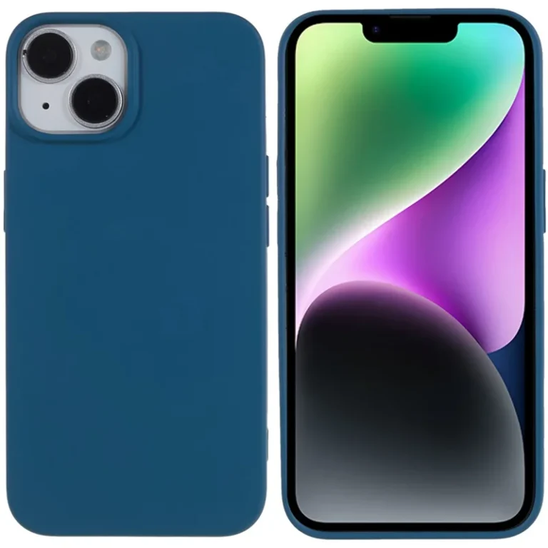Blåt silikone cover til iPhone 14 set fra forside og bagside.