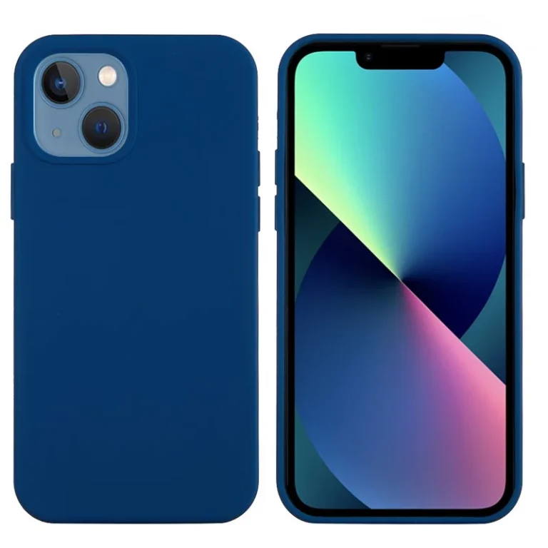 Blåt silikone cover til iPhone 13 vist fra forside og bagside.