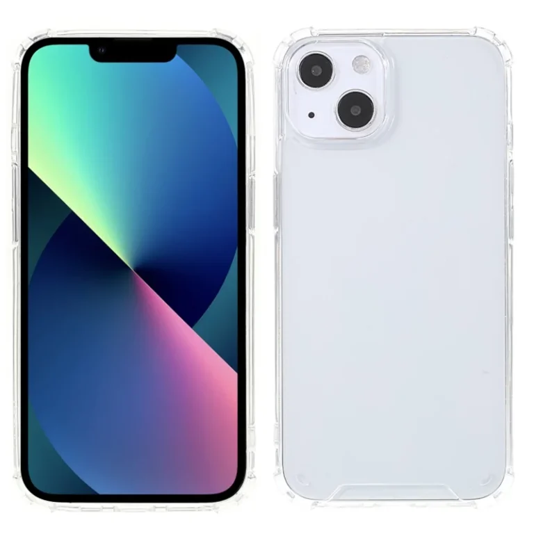 Gennemsigtig iPhone 13 slim cover set forfra og bagfra på en hvid baggrund.