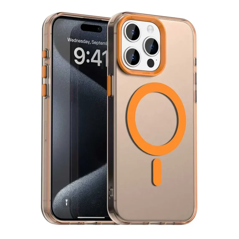Orange iPhone 15 Pro Candy MagSafe cover med gennemsigtig bagside og orange magnetring.