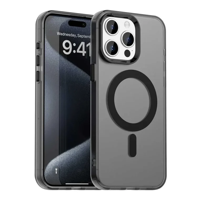 Sort iPhone 15 Pro Candy MagSafe cover med gennemsigtigt design og magnetisk ring.