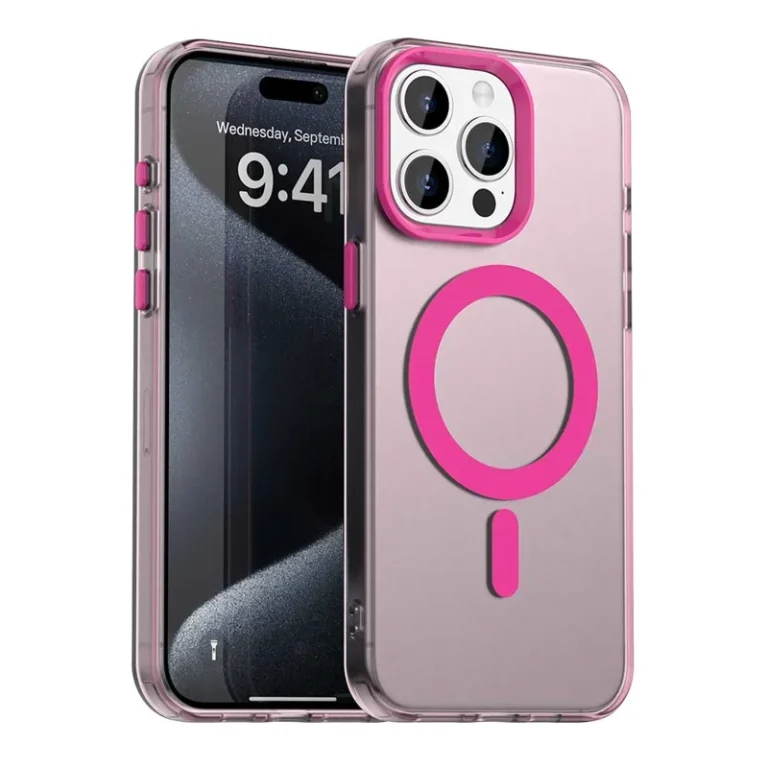 Lyserødt iPhone 15 Pro Candy MagSafe cover med gennemsigtig bagside og beskyttende kant.