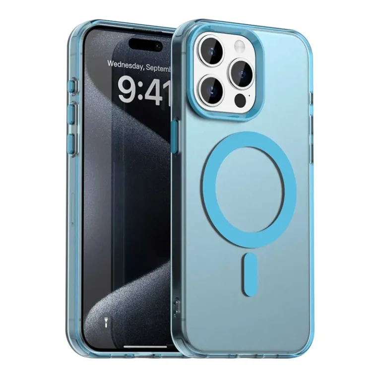 Blåt iPhone 15 Pro Candy MagSafe cover med gennemsigtigt design og beskyttelse til kameraet.
