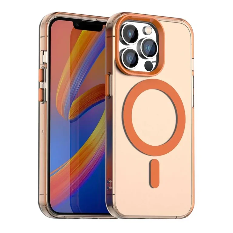 Gennemsigtigt iPhone 14 Pro Candy MagSafe cover med orange detaljer og magnetisk ring.
