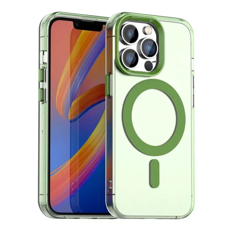 Grønt iPhone 14 Pro Candy MagSafe cover med gennemsigtigt design og beskyttelse af kamera.