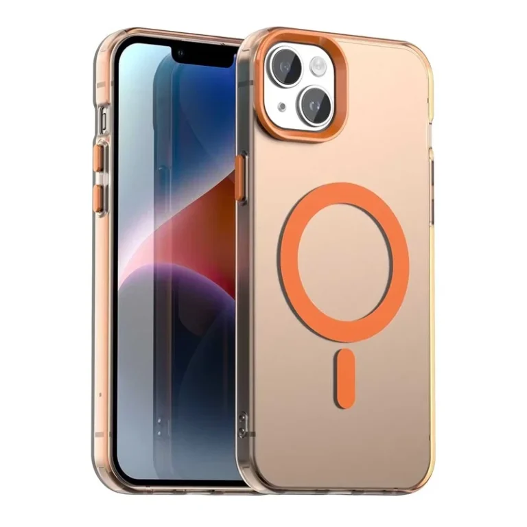 Orange iPhone 13 og 14 Candy MagSafe cover med gennemsigtig bagside og magnetisk ring.