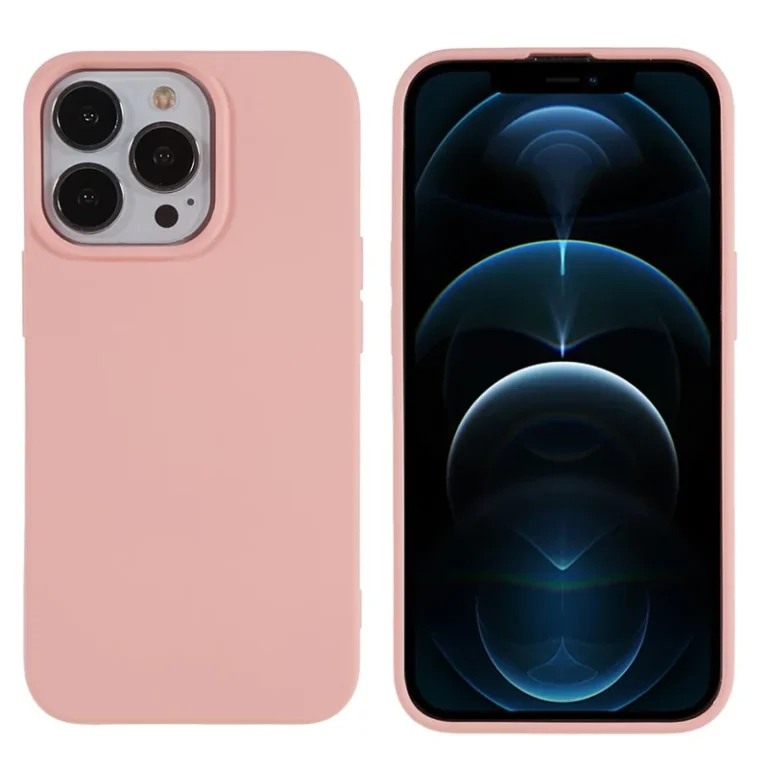 Lyserødt silikone cover til iPhone 12 og 12 Pro set forfra og bagfra.