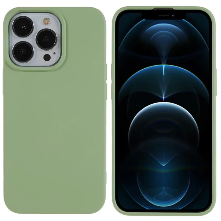 Grønt silikone cover til iPhone 12 og 12 Pro set fra forside og bagside.