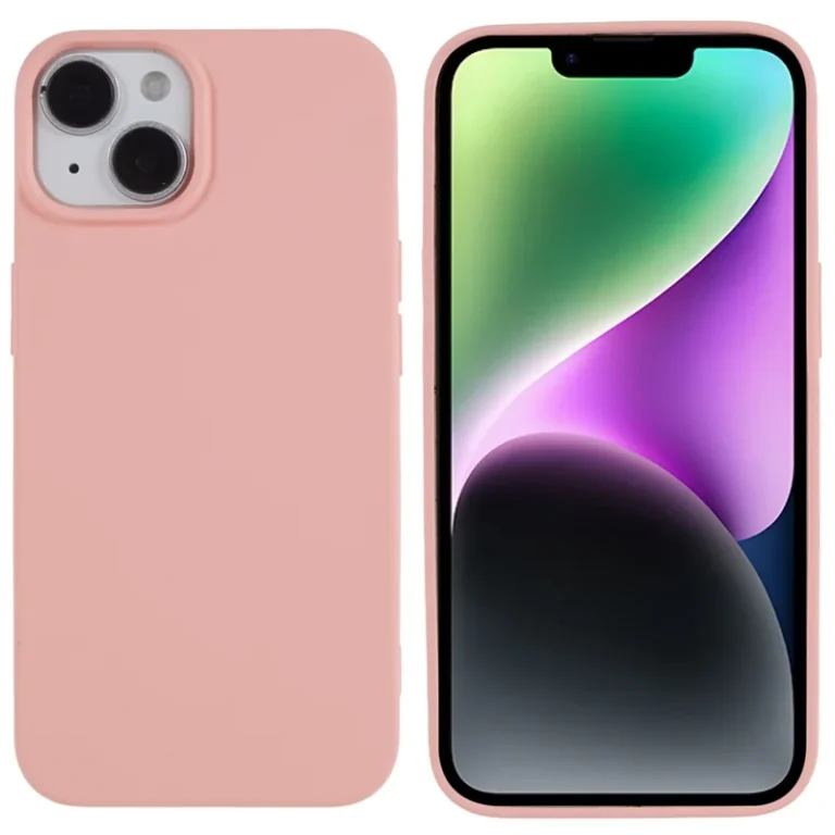 Lyserødt silikone cover til iPhone 14 set fra forside og bagside.
