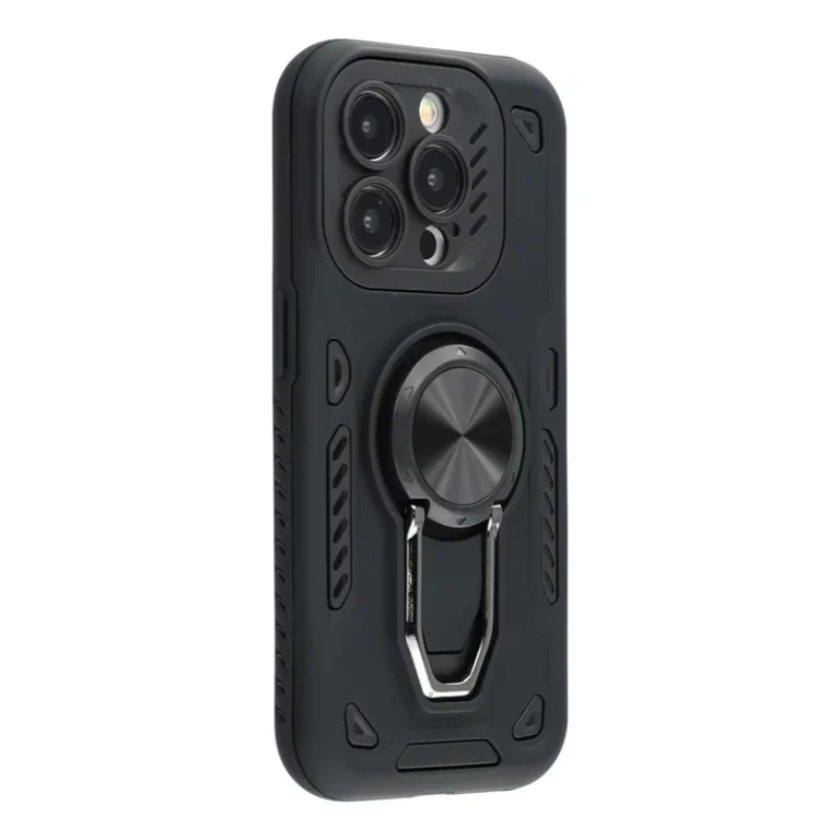 Sort stødsikkert iPhone 15 Pro cover med indbygget metalring og praktisk stander.