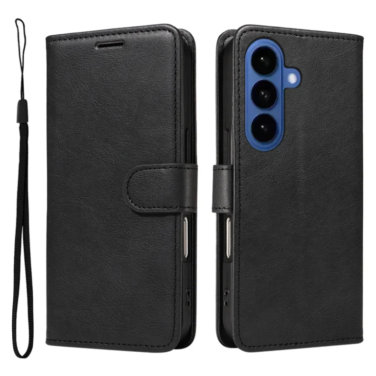 Sort klassisk flipcover med pung og strop til Samsung Galaxy S26.