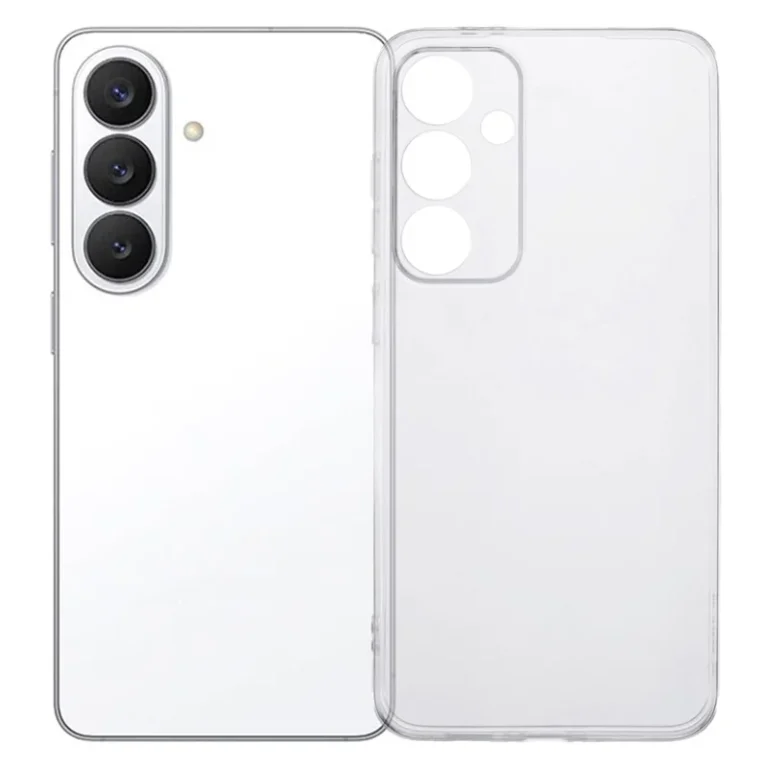 Gennemsigtigt 1,5 mm cover til Samsung Galaxy S26 ved siden af en hvid telefon.
