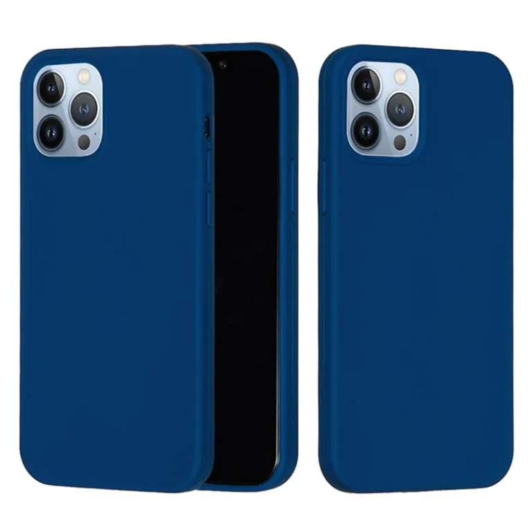 Mørkeblåt silikone cover til iPhone 15 Pro set fra forside og bagside.