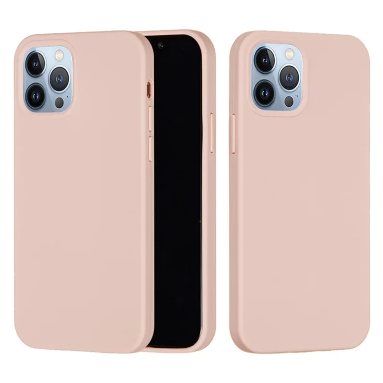Et lyserødt silikone cover til iPhone 15 Pro set fra for- og bagsiden.