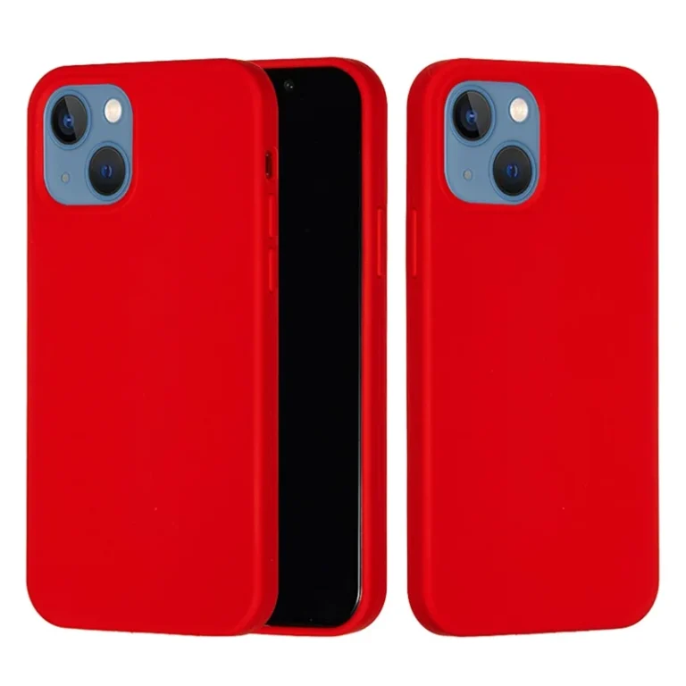 Rødt silikone cover til iPhone 15 vist fra både forside og bagside.