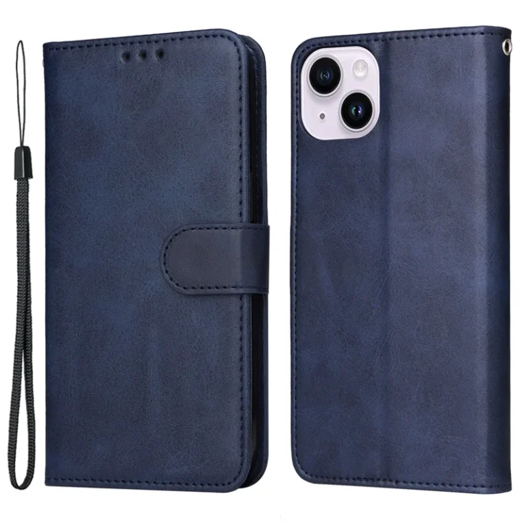 Blåt iPhone 15 magnetisk flip cover i læder med kortholder og praktisk håndledsrem.