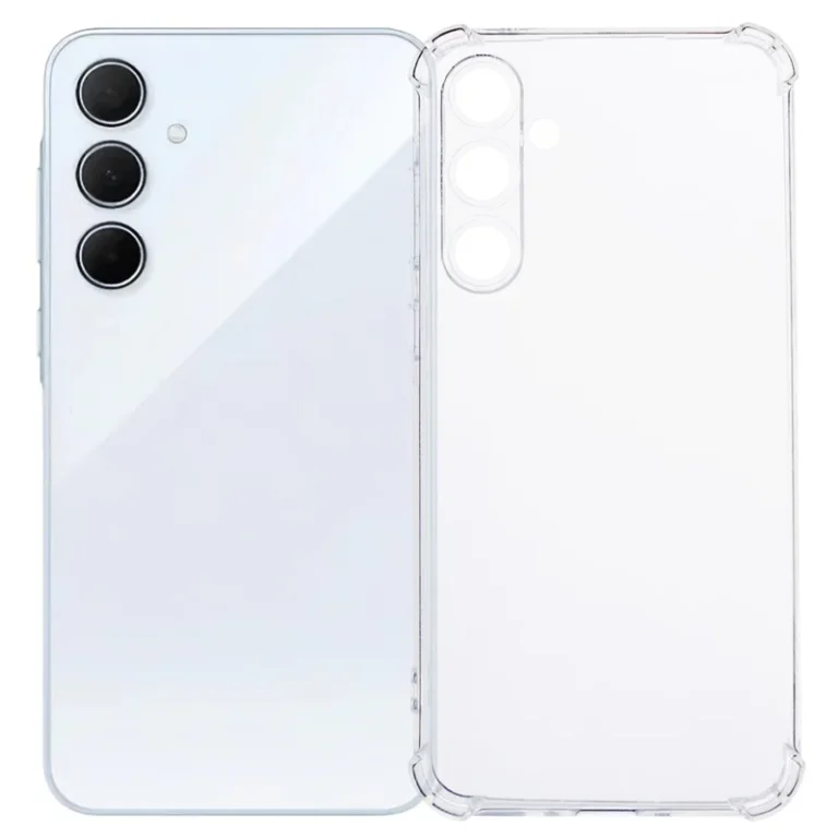 Gennemsigtigt cover til Samsung Galaxy A35, der viser telefonens bagside og det klare beskyttelsesetui.