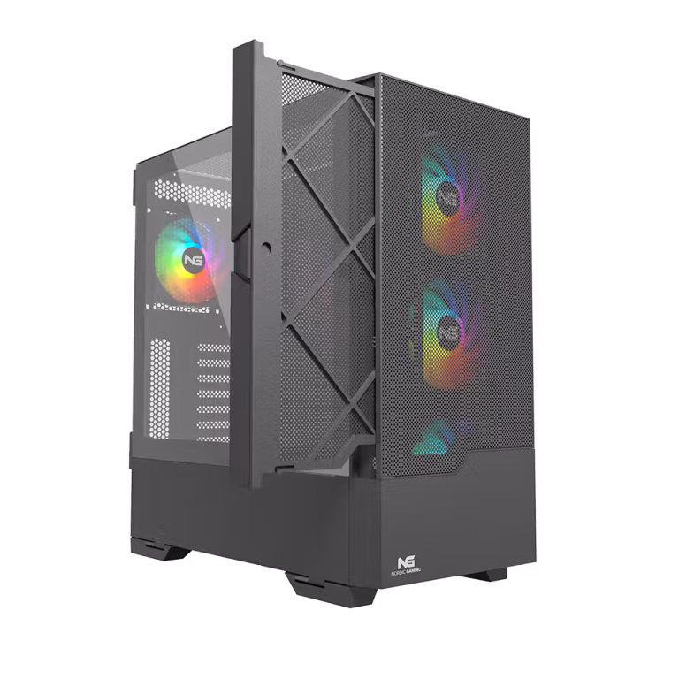 Nordic Gaming Munin RGB Tower ATX kabinet i sort med glaspanel og farverige blæsere.